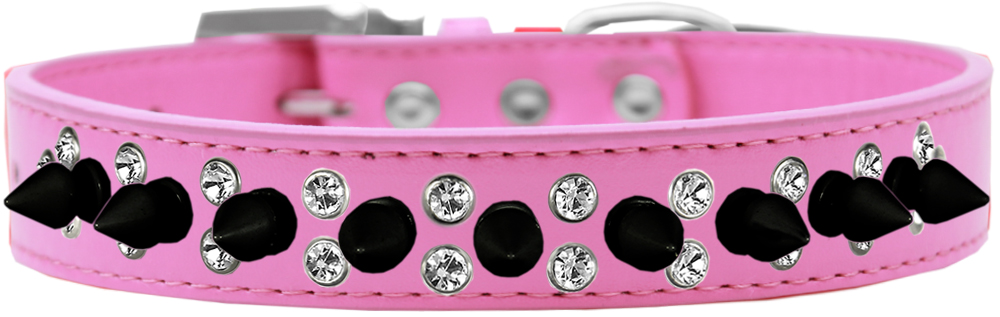 Double Crystal and Black Spikes Dog Collar Bright Pink Size 16